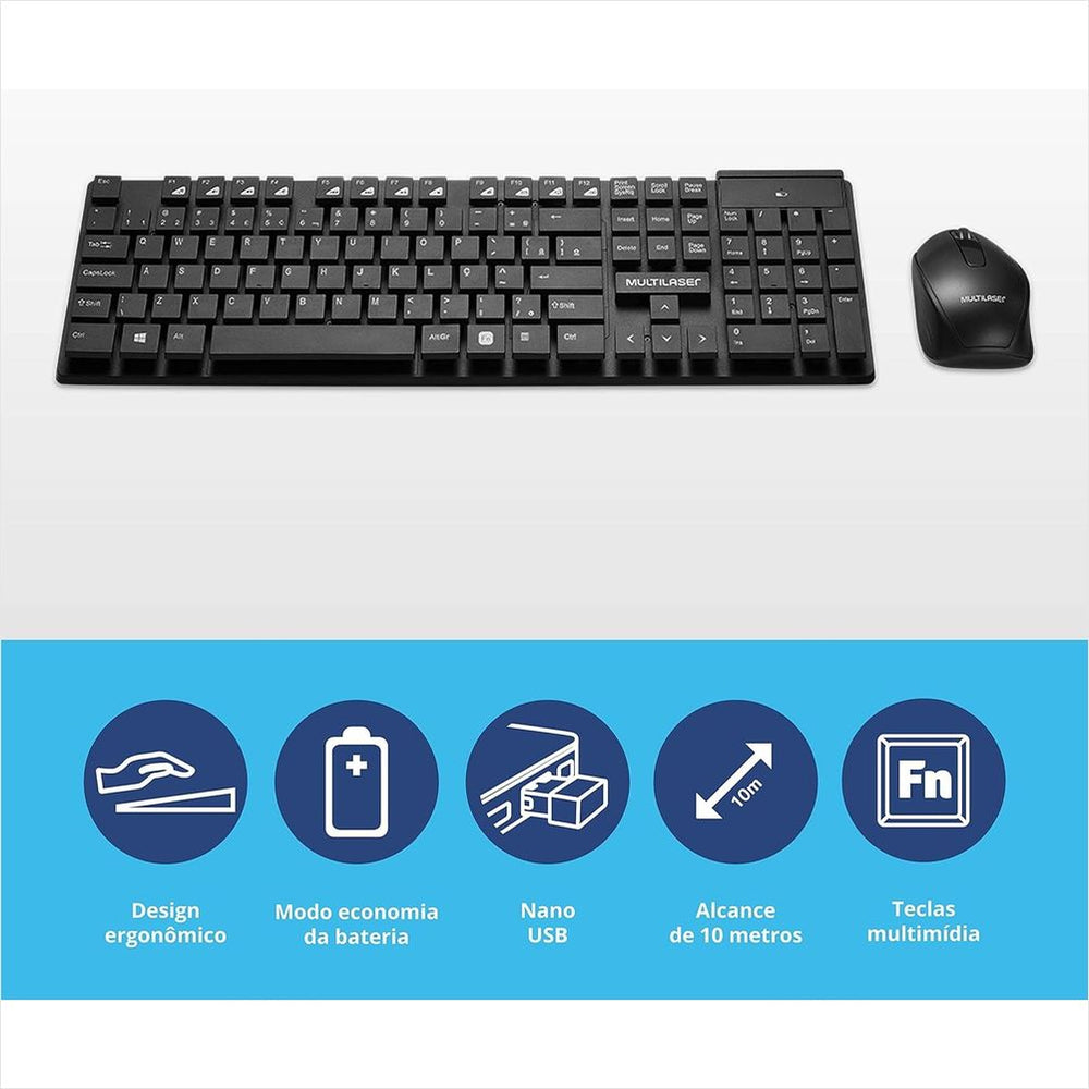 ⌨️ Kit Teclado + Mouse Sem Fio Multilaser TC251 - Teclas Flutuantes