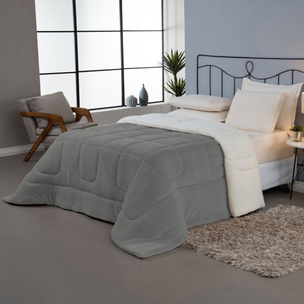 🛏️ Coberdrom Casal Dupla Face Sherpa Carneiro - Cinza