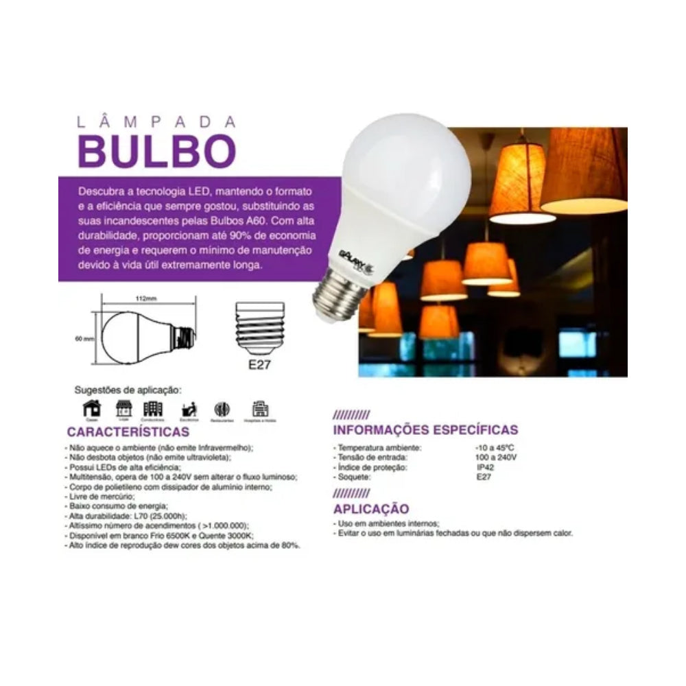 💡 Lâmpada LED Bulbo 9,5W Galaxy E27 - Luz Branca Fria