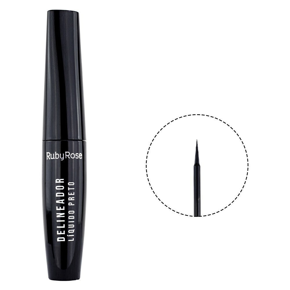 👁️ Delineador Líquido Preto Ruby Rose HB8406 - Pincel Fino