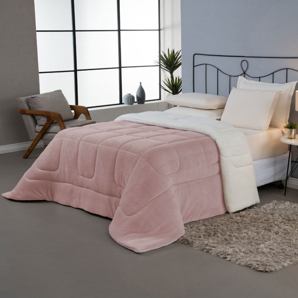 🌸 Coberdrom Casal Dupla Face Sherpa Carneiro - Rosa