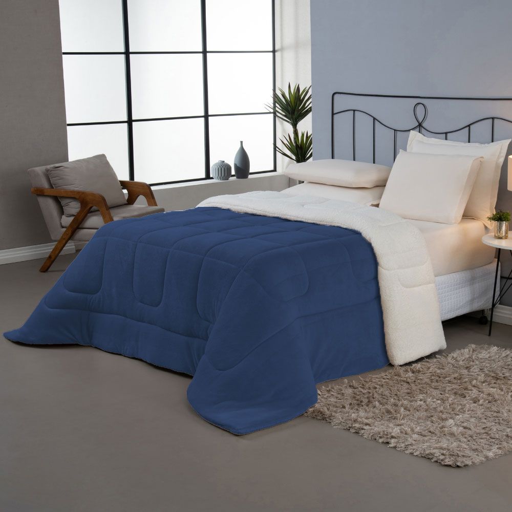 💙 Coberdrom Casal Dupla Face Sherpa Carneiro - Azul