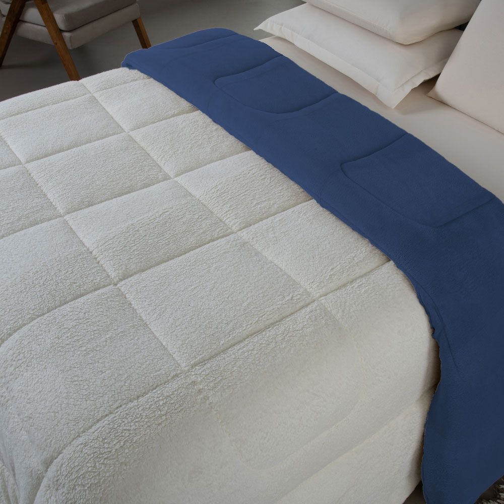 💙 Coberdrom Casal Dupla Face Sherpa Carneiro - Azul